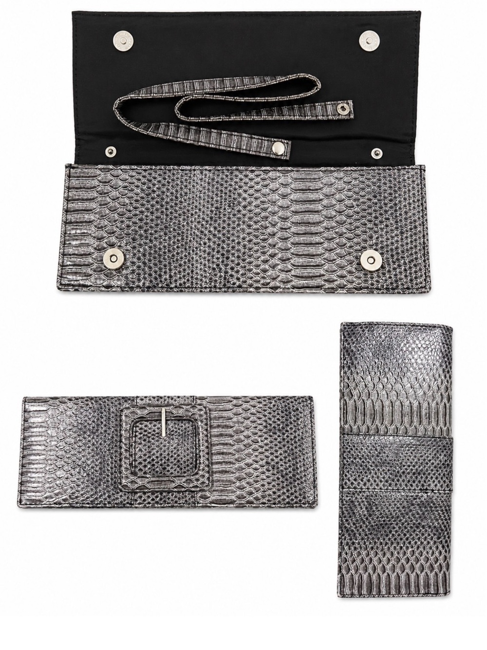 Silver Metallic Snake-Embossed Faux Leather Clutch